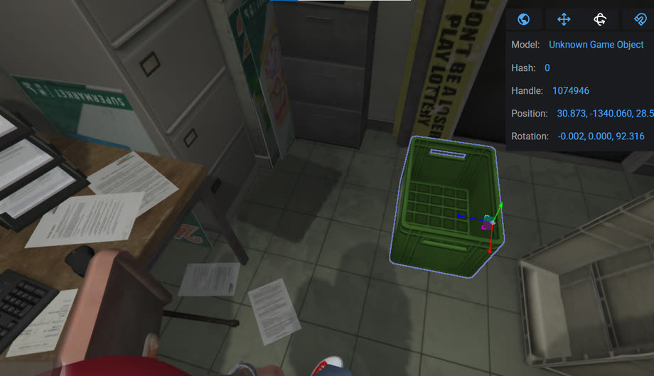 The baked shadow in game, under a crate